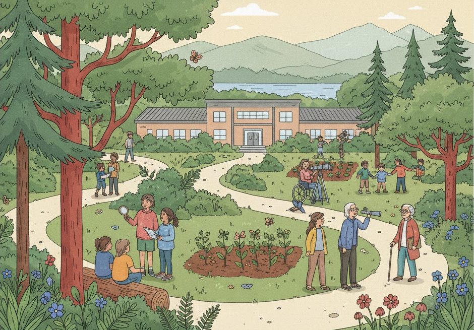 A picture of a school surrounded by nature and people of different ages and abilities using the school yard to play, walk, explore and learn.